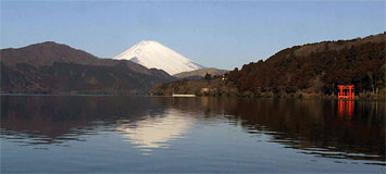 芦ノ湖風景林越しの雄大な富士山の眺望