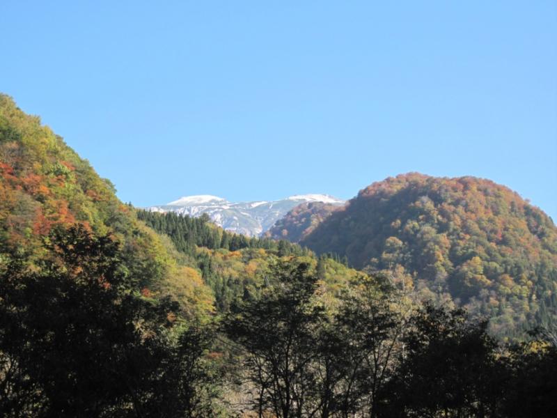 紅葉した六万山（左）と白山（中央）