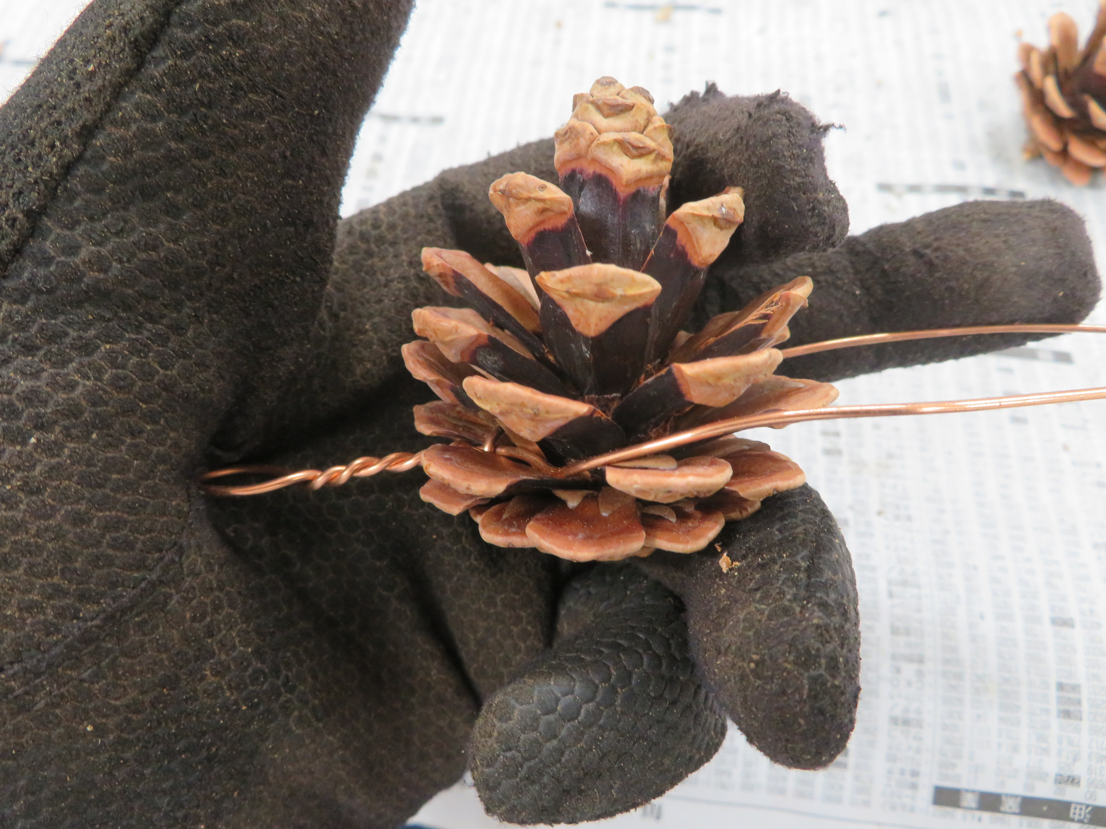 別の角度からみた松ぼっくりの下の方を銅線で挟んだ様子
