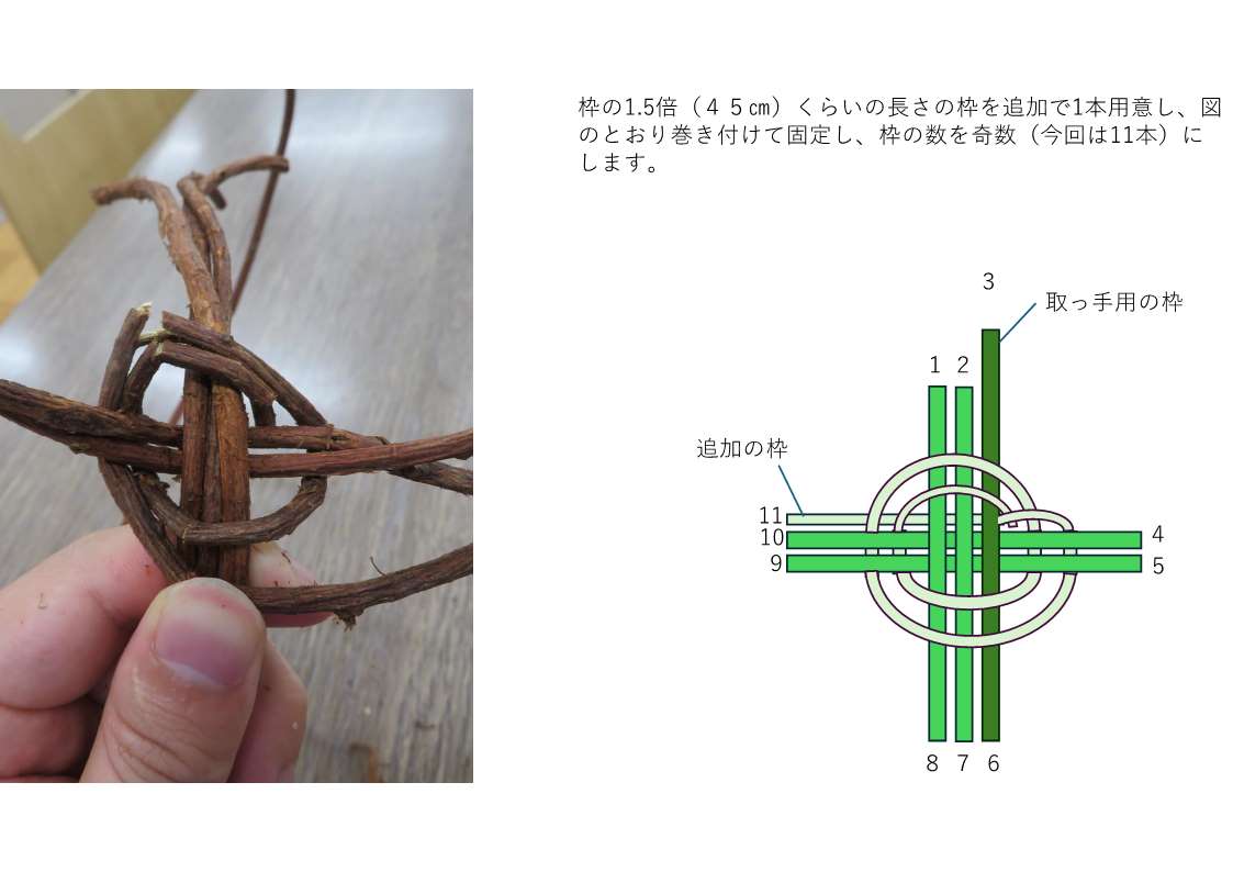 枠用のつるを固定する様子