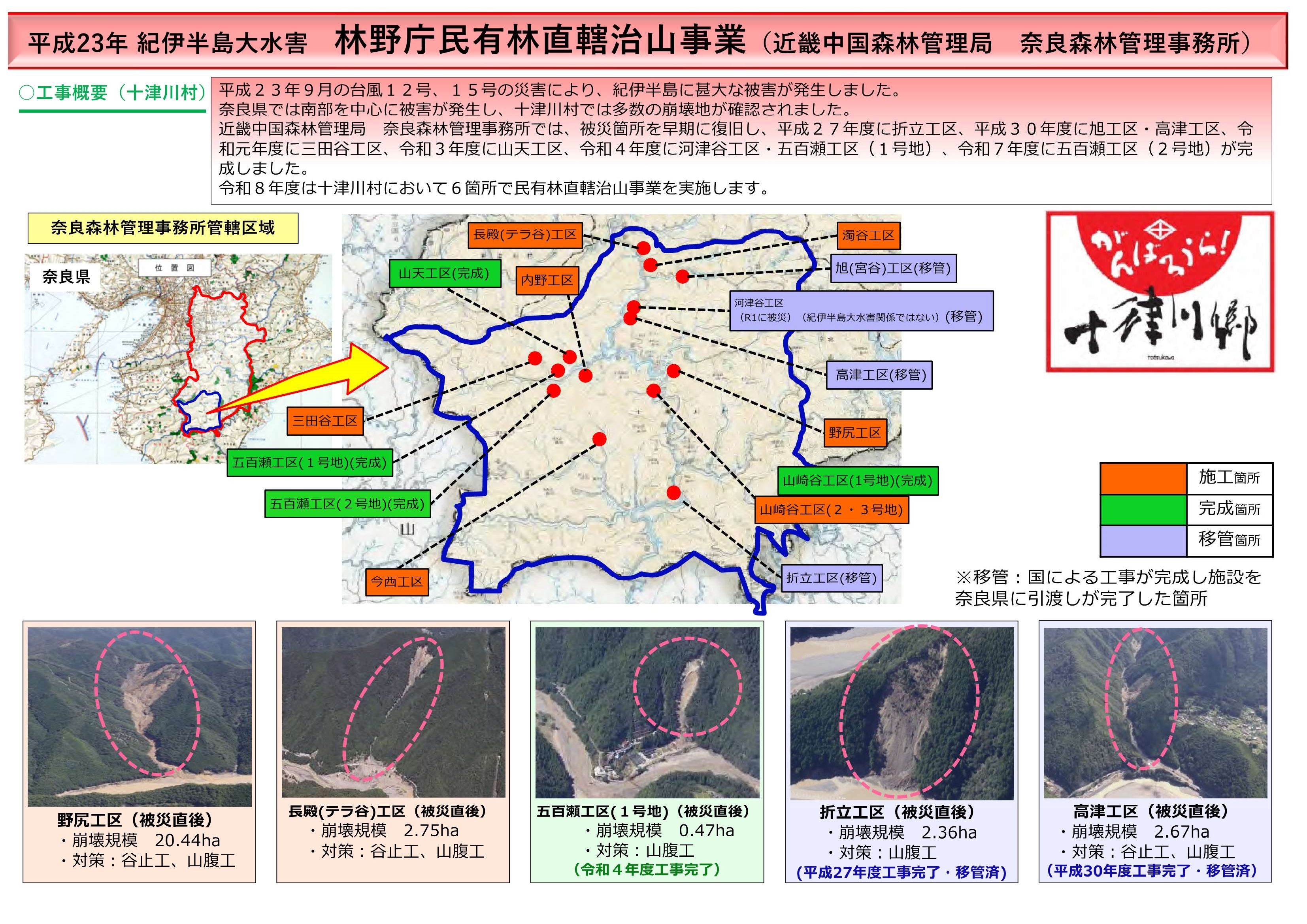 十津川村の民有林直轄治山事業箇所を示した地図