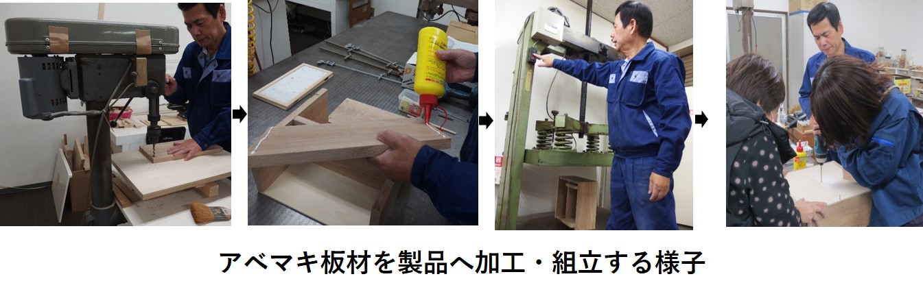 アベマキ板材を製品へ加工・組立する様子