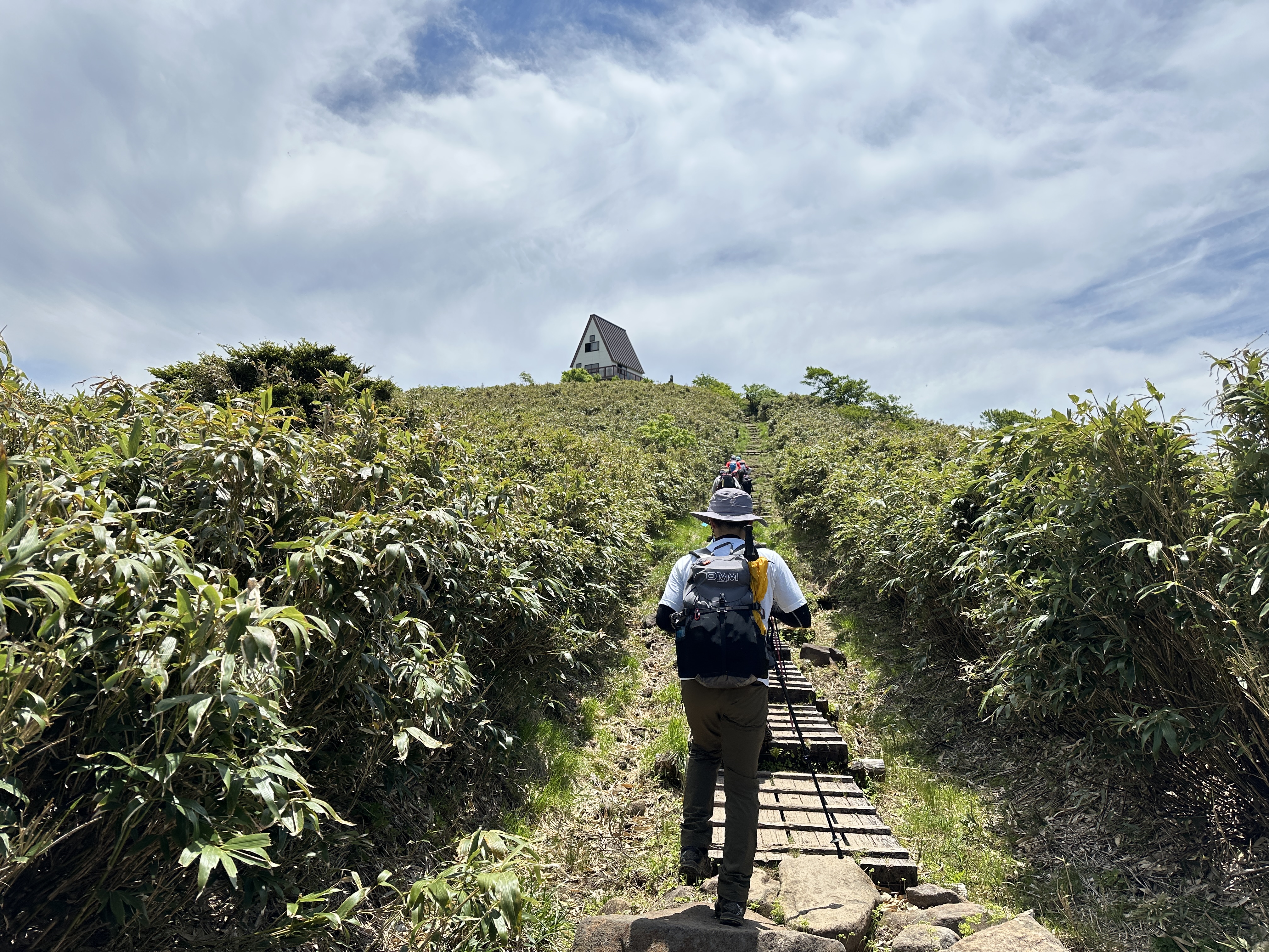 晴天の中、氷ノ山山頂へ続く登山道から望む景色。山頂には山小屋や見え、笹が生い茂っている。