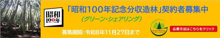 昭和100年記念分収造林契約者募集中バナー　