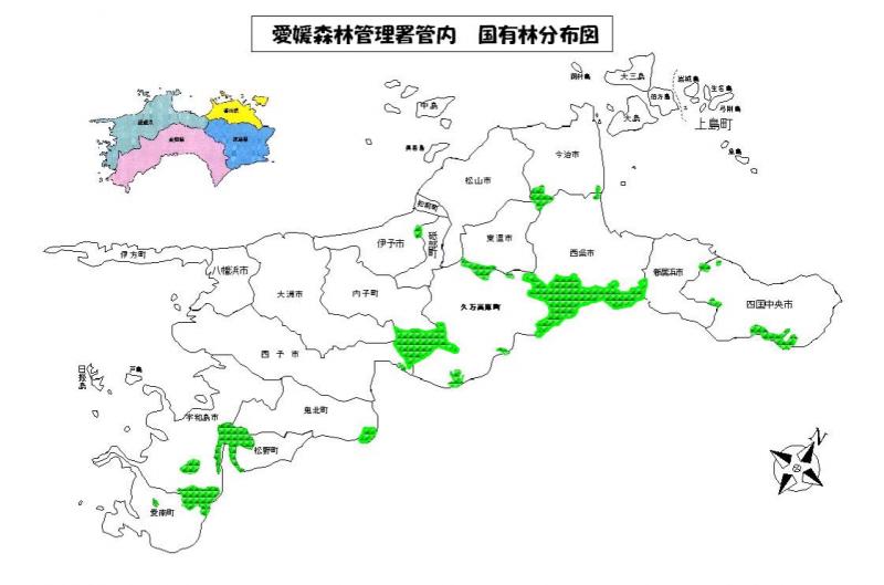 愛媛森林管理署管内国有林分布図