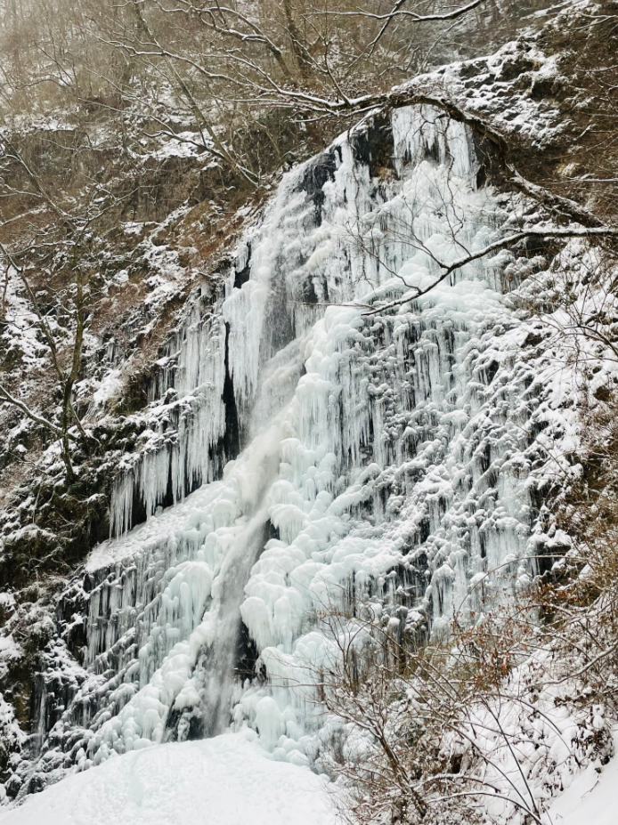 雪に覆われた山中で、滝が完全に凍りつき、白い氷柱が幾重にも重なる幻想的な光景です。岩肌や周囲の木々も雪に包まれ、冬の厳しさと美しさを感じさせる風景となっています。