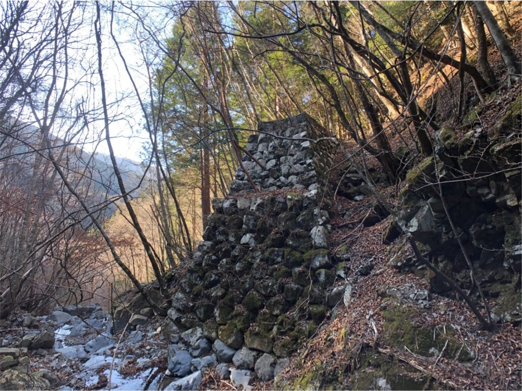 石積みの構造物が斜面に築かれ、周囲には落葉した木々と苔むした岩が広がる山間の風景です。細い沢が左側を流れ、冬枯れの静けさと自然の力強さが感じられます。人の手による治山の跡と、自然が共存する景色が印象的です。