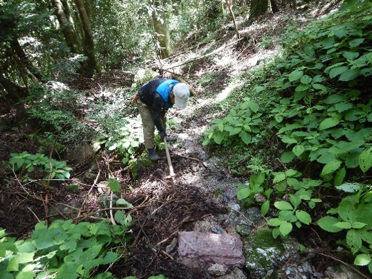 06グリーンサポートスタッフが登山道の排水を促すため、排水箇所に詰まった落葉を掻き取っている作業の様子