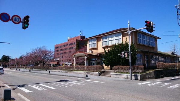 茶色い外壁の建物が鶴岡市役所、手前の建物（２階建て）が旧鶴岡営林署庁舎 