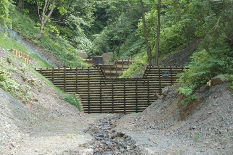 間伐材を使用した木製ダム