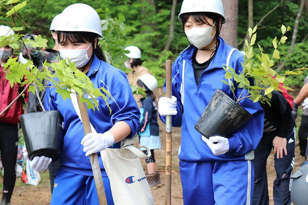 苗木や植樹道具を運ぶ参加者