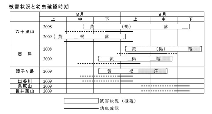 被害状況と幼虫確認時期